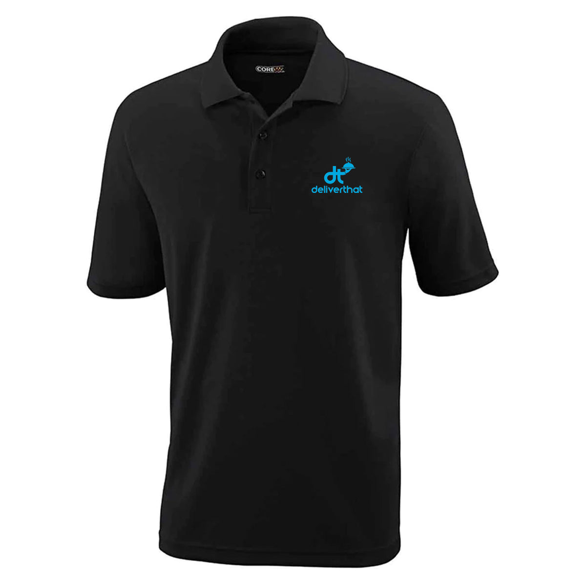Black Polo with DeliverThat Logo embroidered in blue