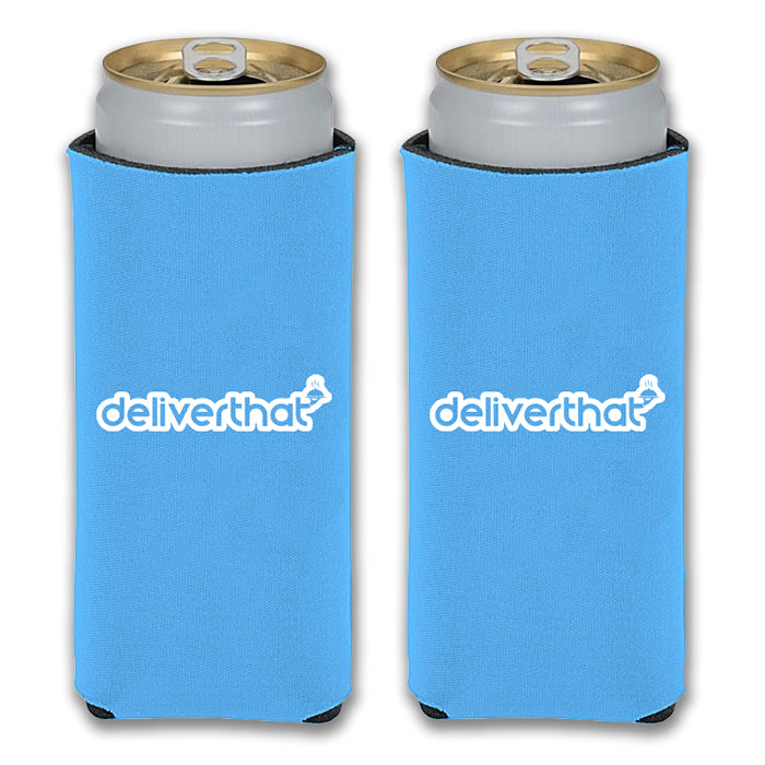 Blue slim can koozie with white DeliverThat logo