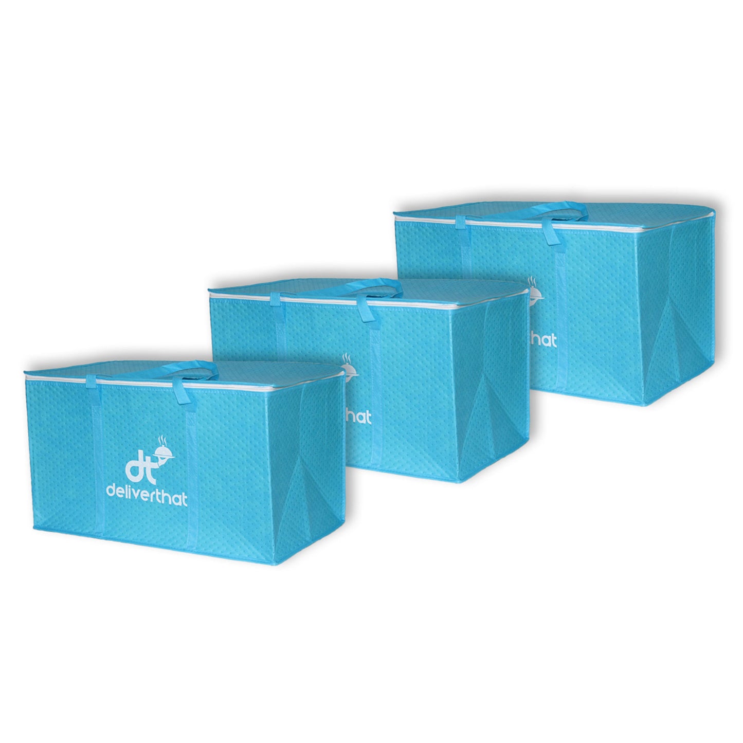 Three Insulated catering bag material with DeliverThat logo in white