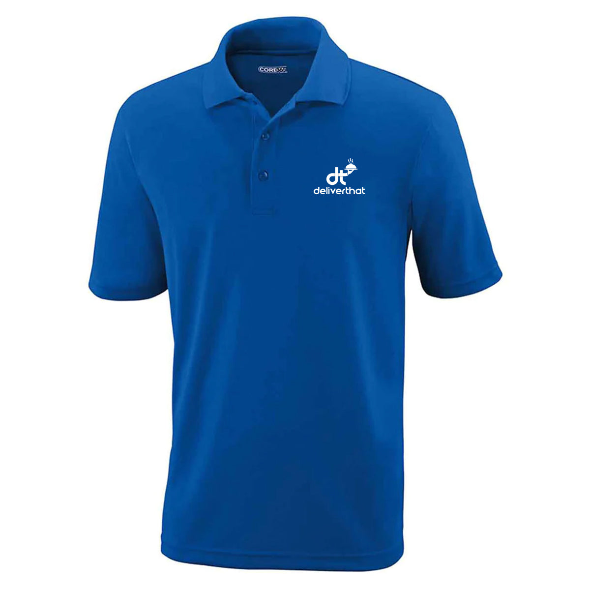 Blue Polo with DeliverThat Logo embroidered in white