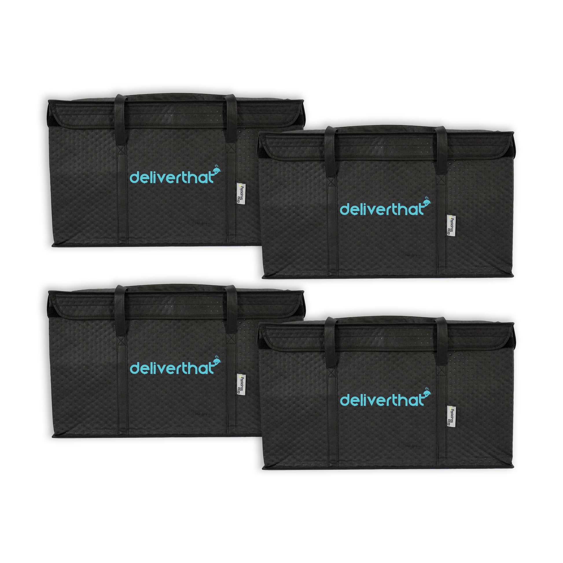 Four black delivery bags with 'deliverthat' branding on a white background