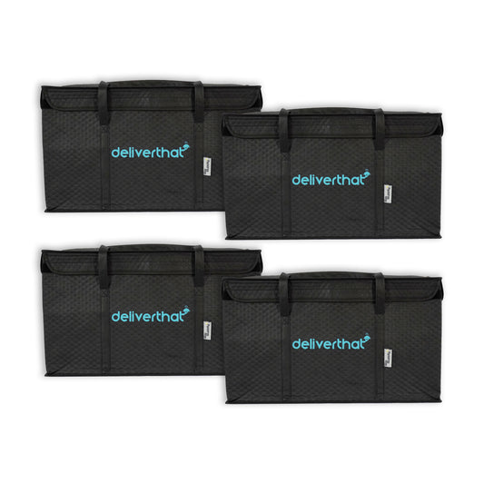 Four black delivery bags with 'deliverthat' branding on a white background