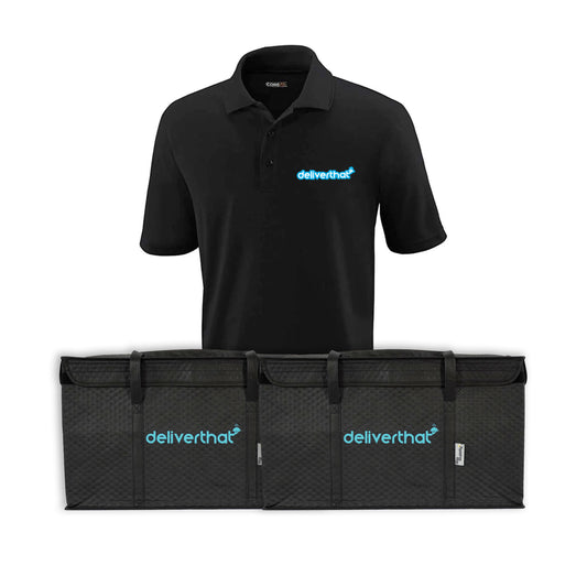 Black polo shirt and delivery bag with 'deliverthat' logo on a white background