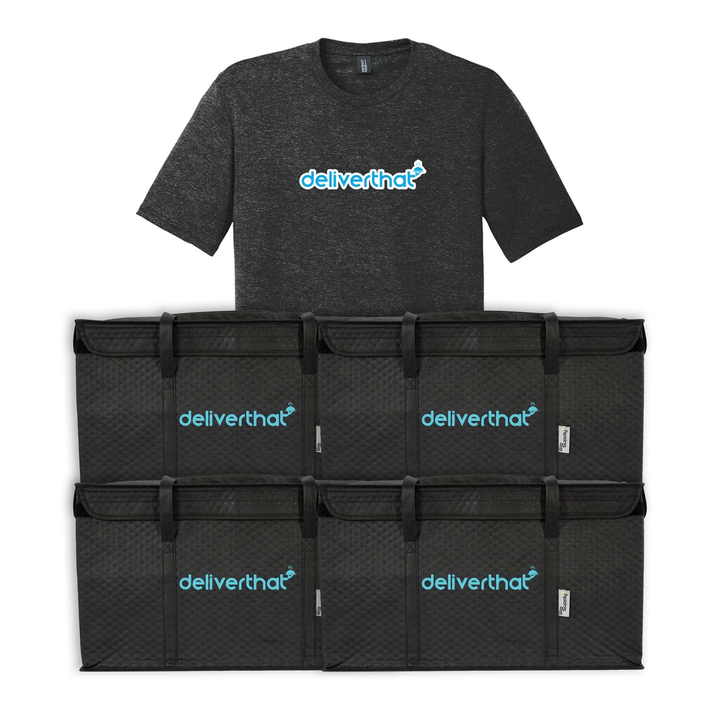 Black t-shirt and multiple black delivery bags with 'deliverthat' logo on a white background