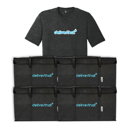 Black t-shirt and multiple black delivery bags with 'deliverthat' logo on a white background