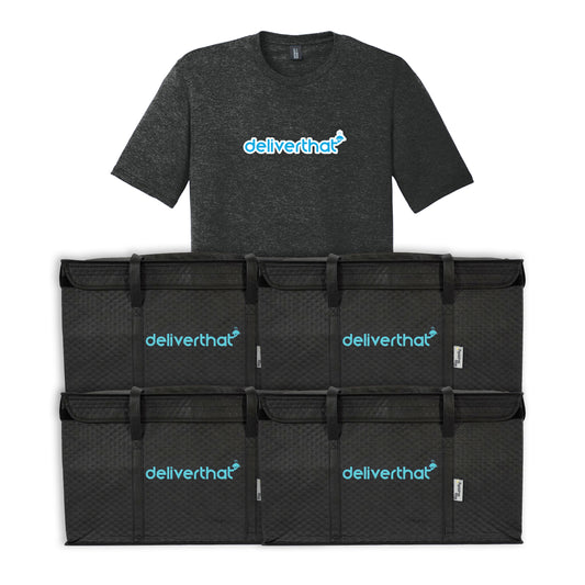 Black t-shirt and multiple black delivery bags with 'deliverthat' logo on a white background