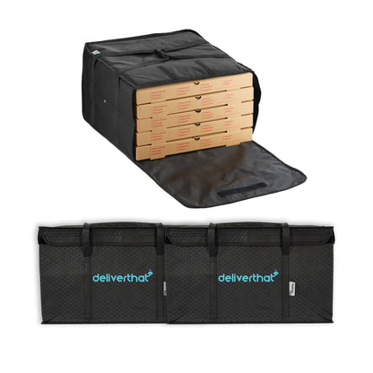 Black pizza delivery bag five pizza boxes and two thermal catering delivery bags