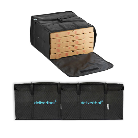 Black pizza delivery bag five pizza boxes and two thermal catering delivery bags