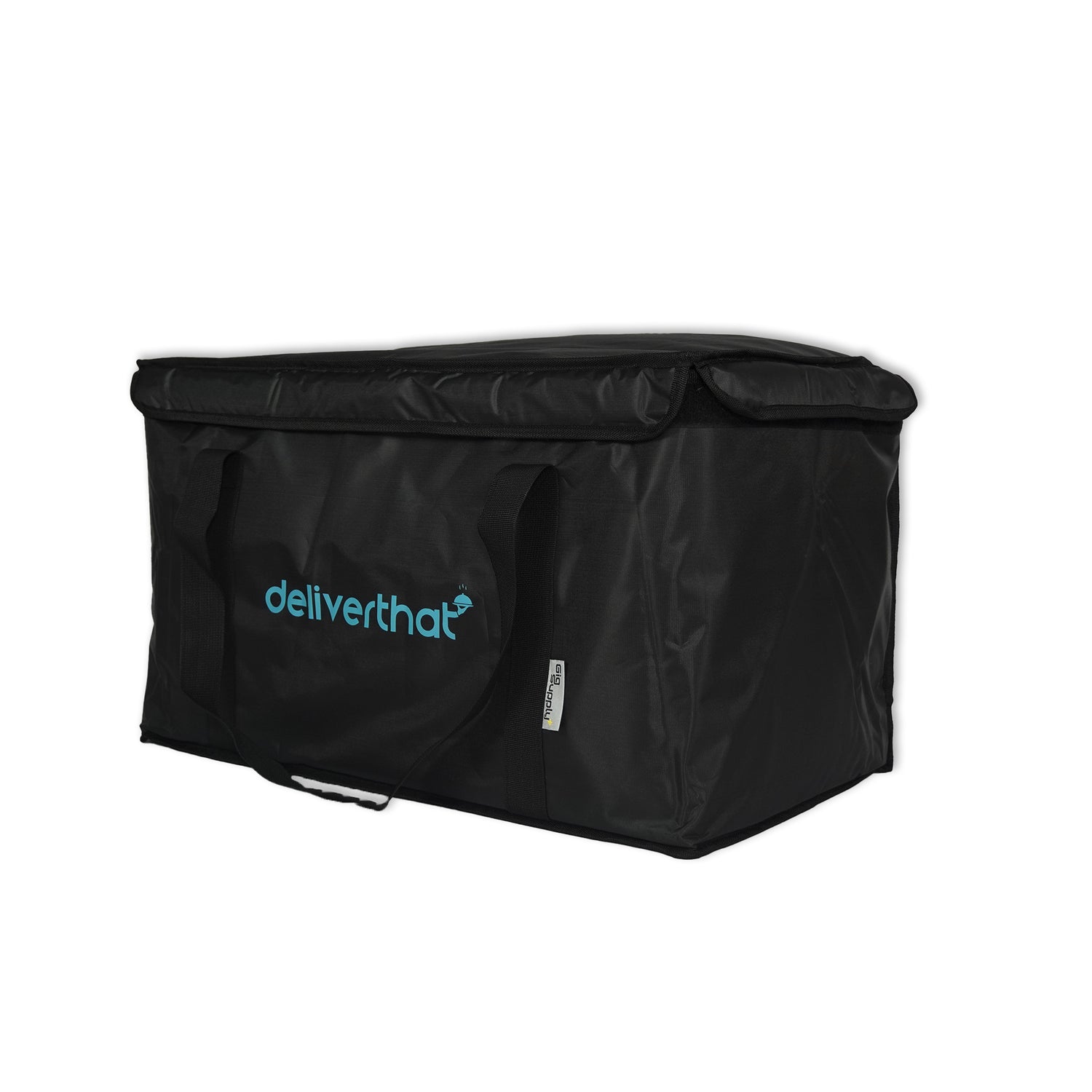 Black high quality catering delivery bag with 'deliverthat' logo on a white background