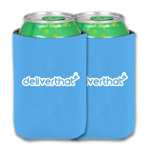 Blue can koozie with white DeliverThat logo