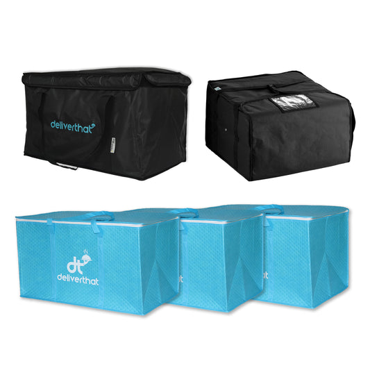 Black and blue delivery bags with 'delivertha' branding on a white background