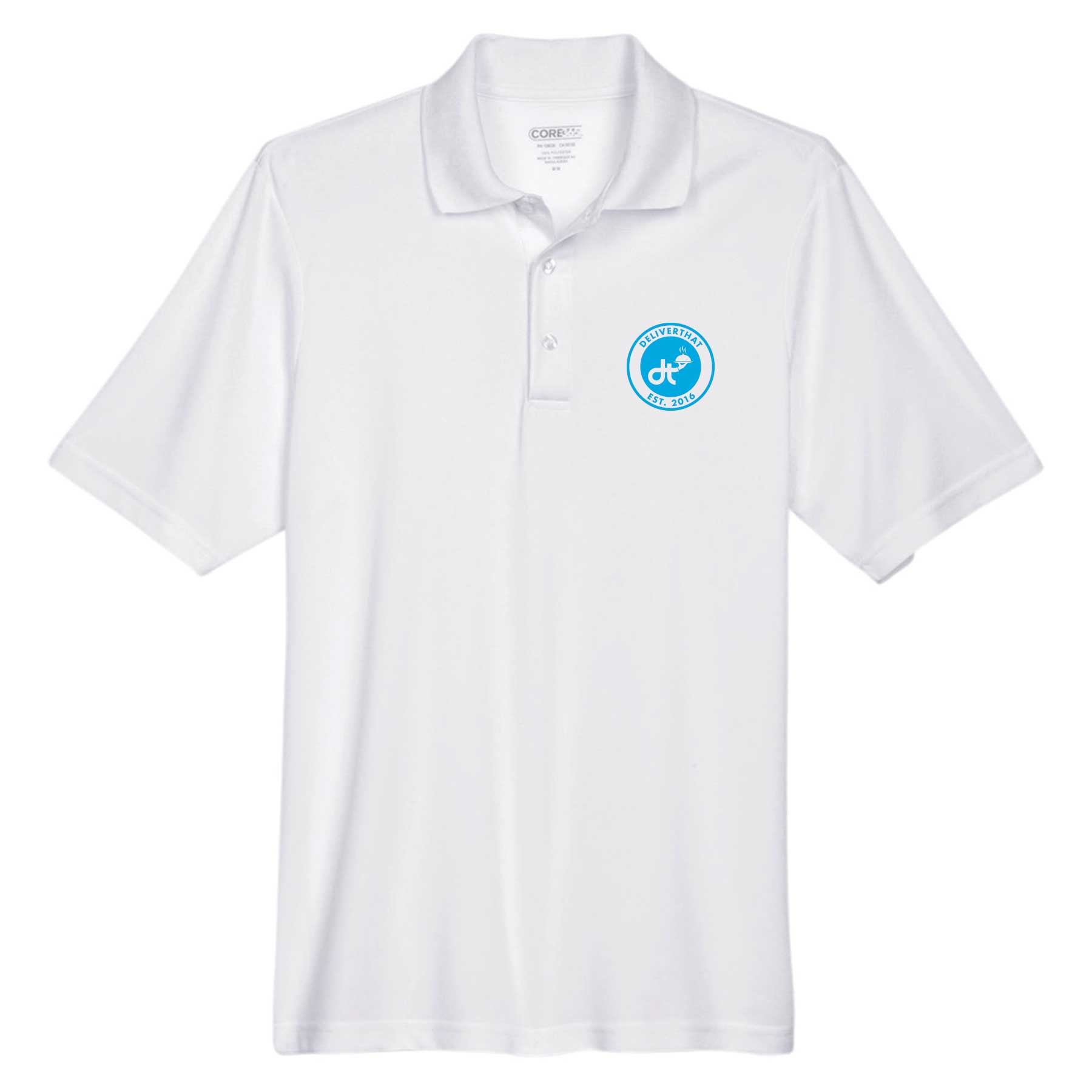 White DeliverThat Polo with DT seal embroidered in blue