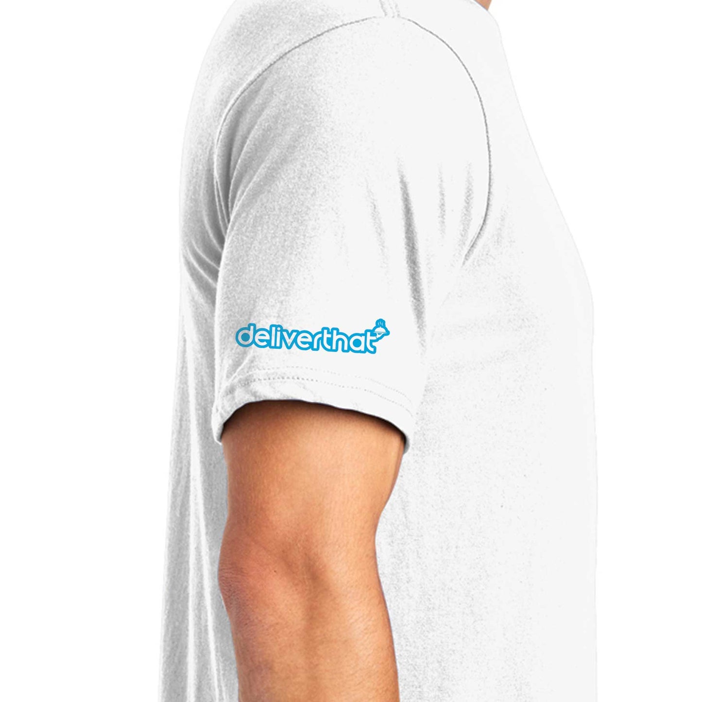 White DeliverThat seal t-shirt with logo on sleeve 