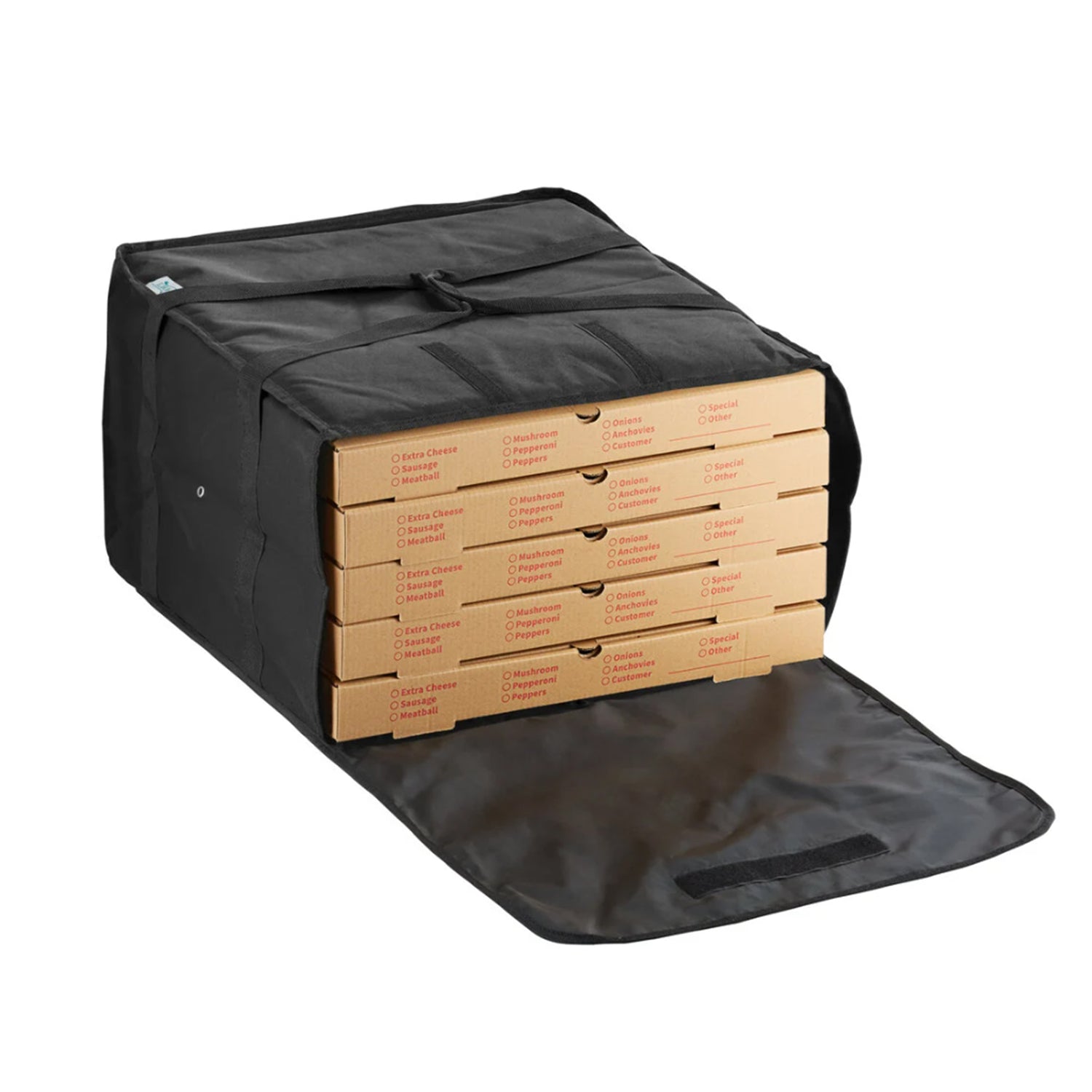 Black Pizza delivery bag showing five boxes fit inside