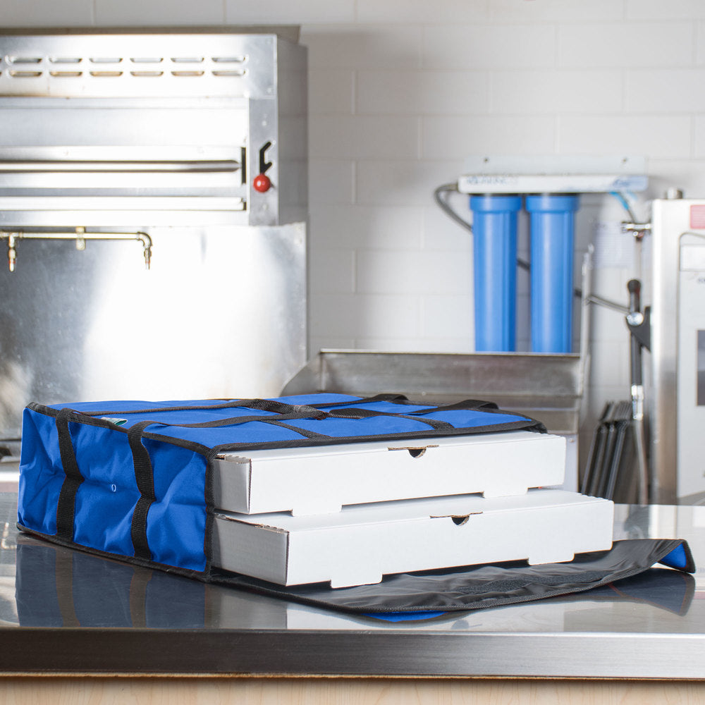 Blue Pizza delivery bag with pizza boxes inside 